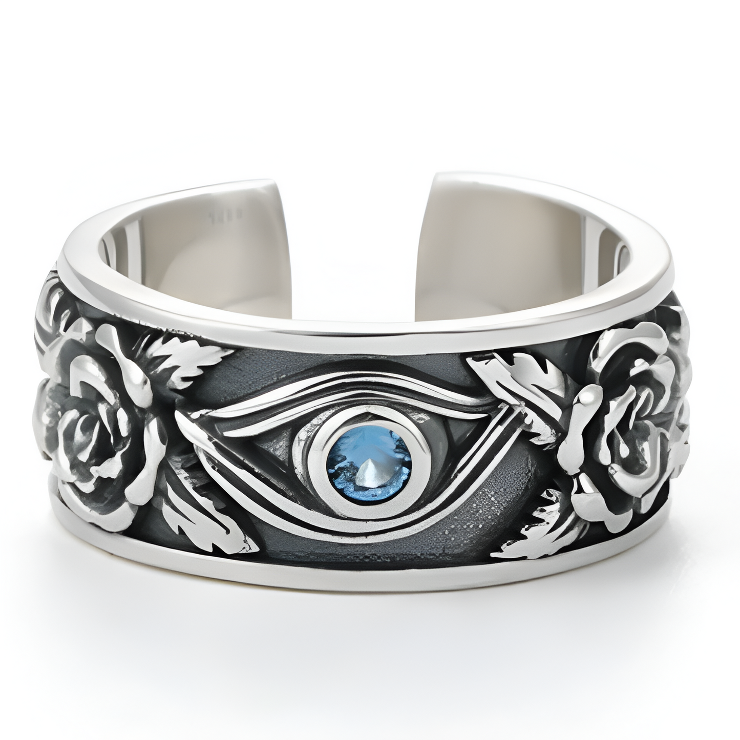 Gothic Silver Eye Ring with Rose Carvings