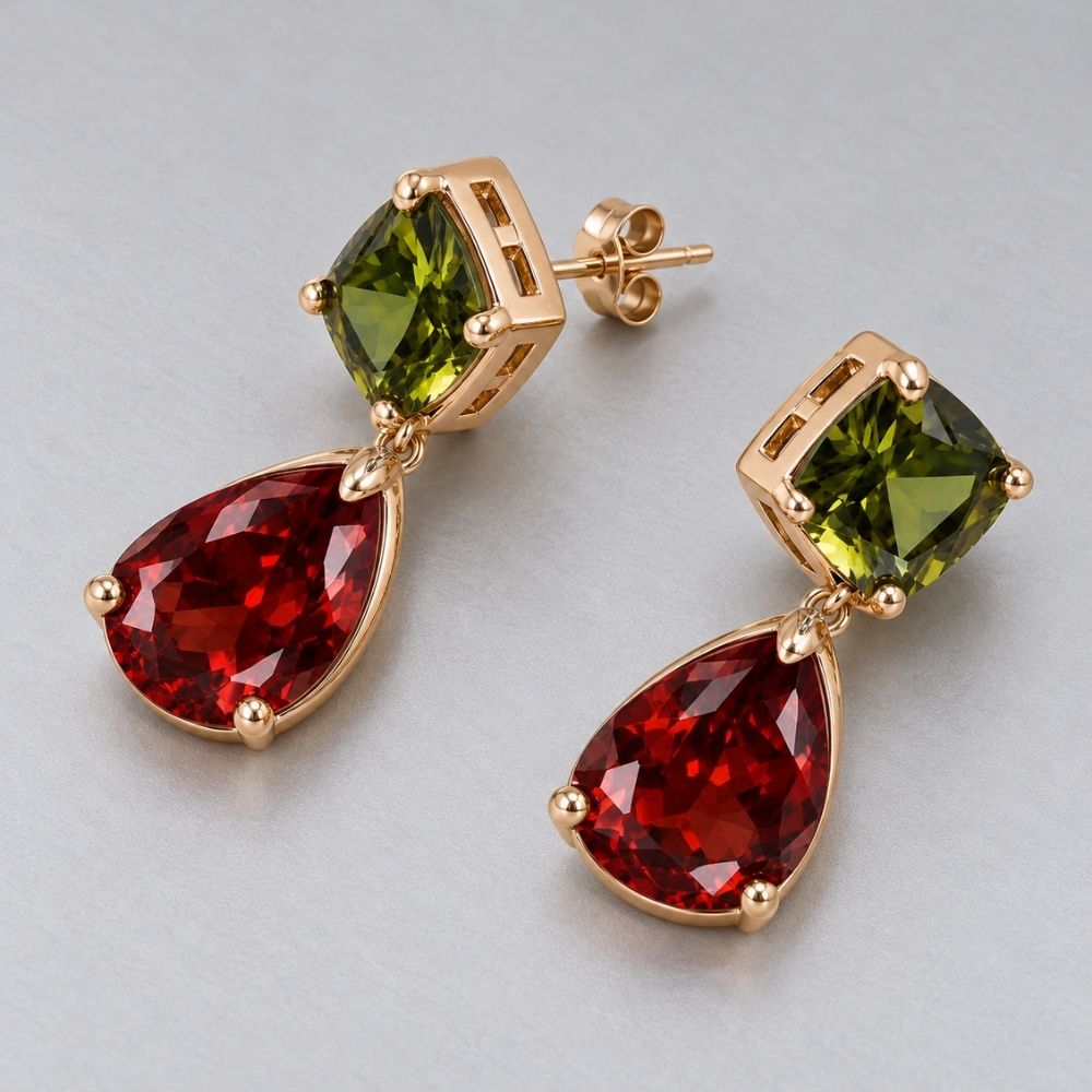Vintage Olive & Crimson Crystal Drop Earrings