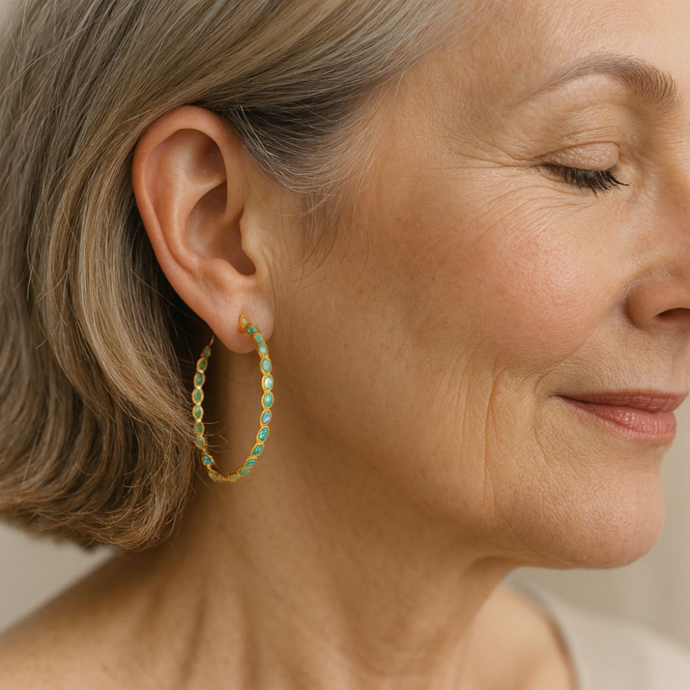 Vintage Blue Opal Golden Hoop Earrings