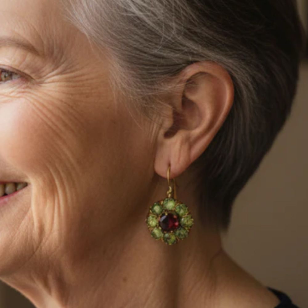 Vintage Rounded Green & Red Crystal Earrings