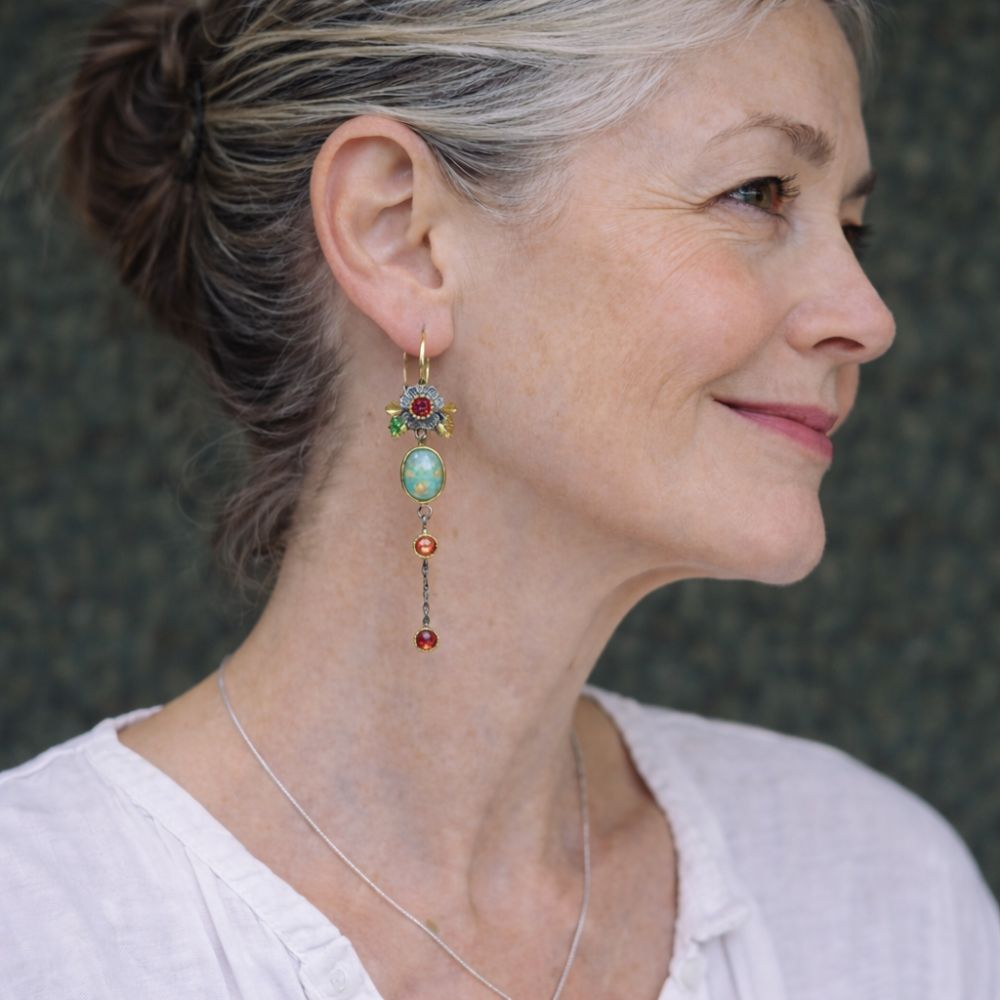 Boho Earrings with Opal and Red Zirconia