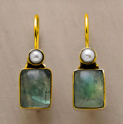 Vintage Green Stone Inlaid Pearl Earrings