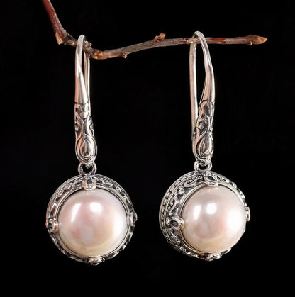 Vintage Inlaid Silver Pearl Earrings