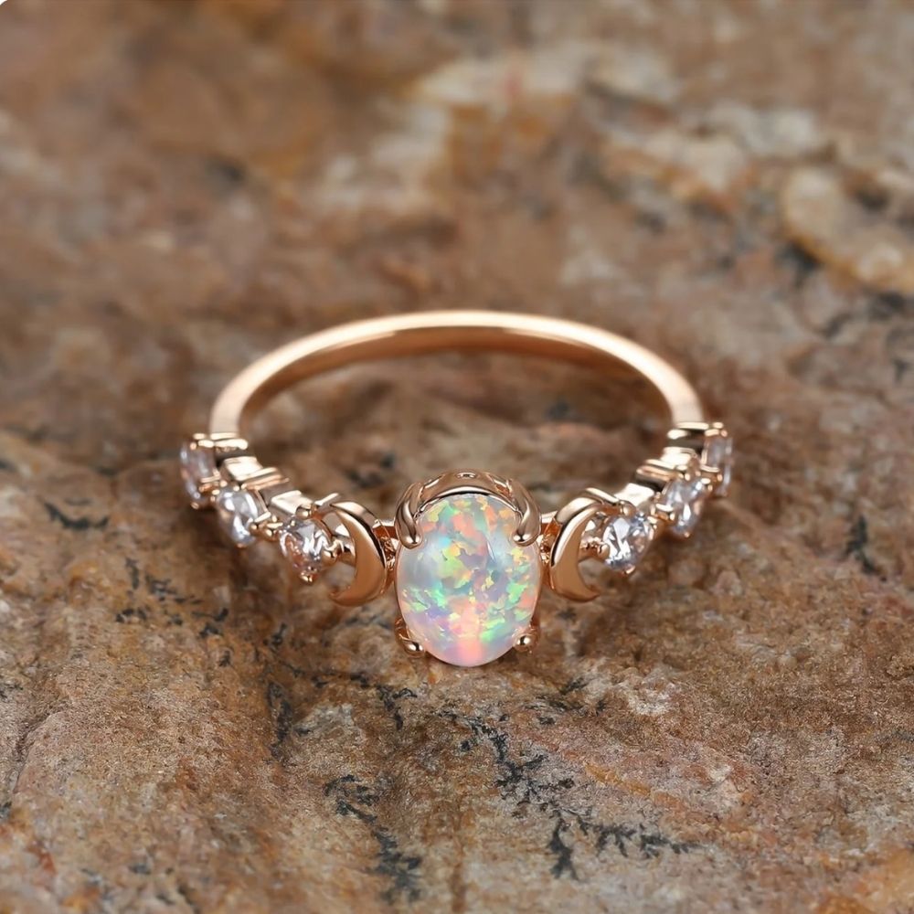 Opal Crescent Moon Ring