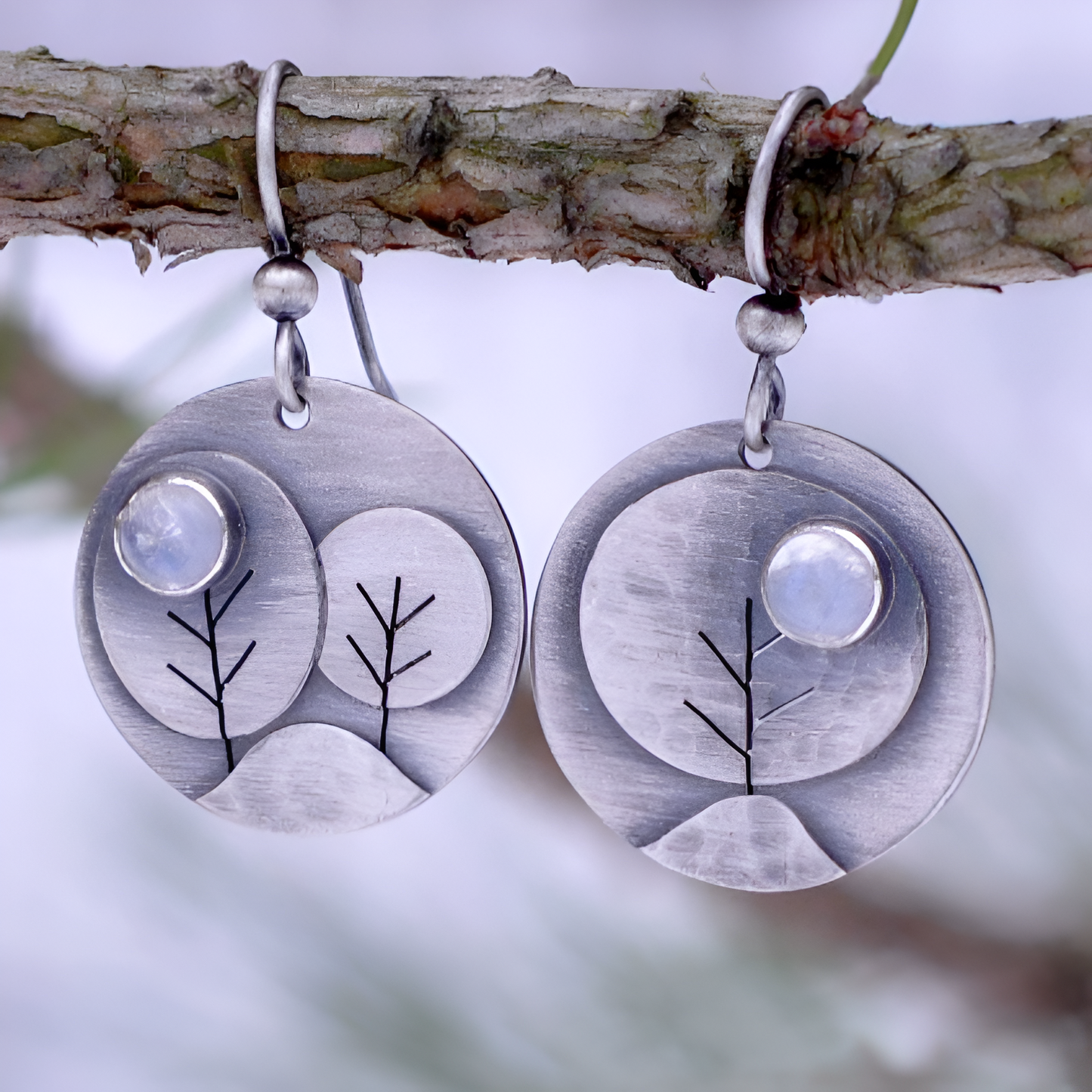 Moonstone Tree Sterling Silver Dangle Earrings
