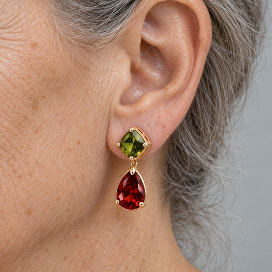 Vintage Olive & Crimson Crystal Drop Earrings