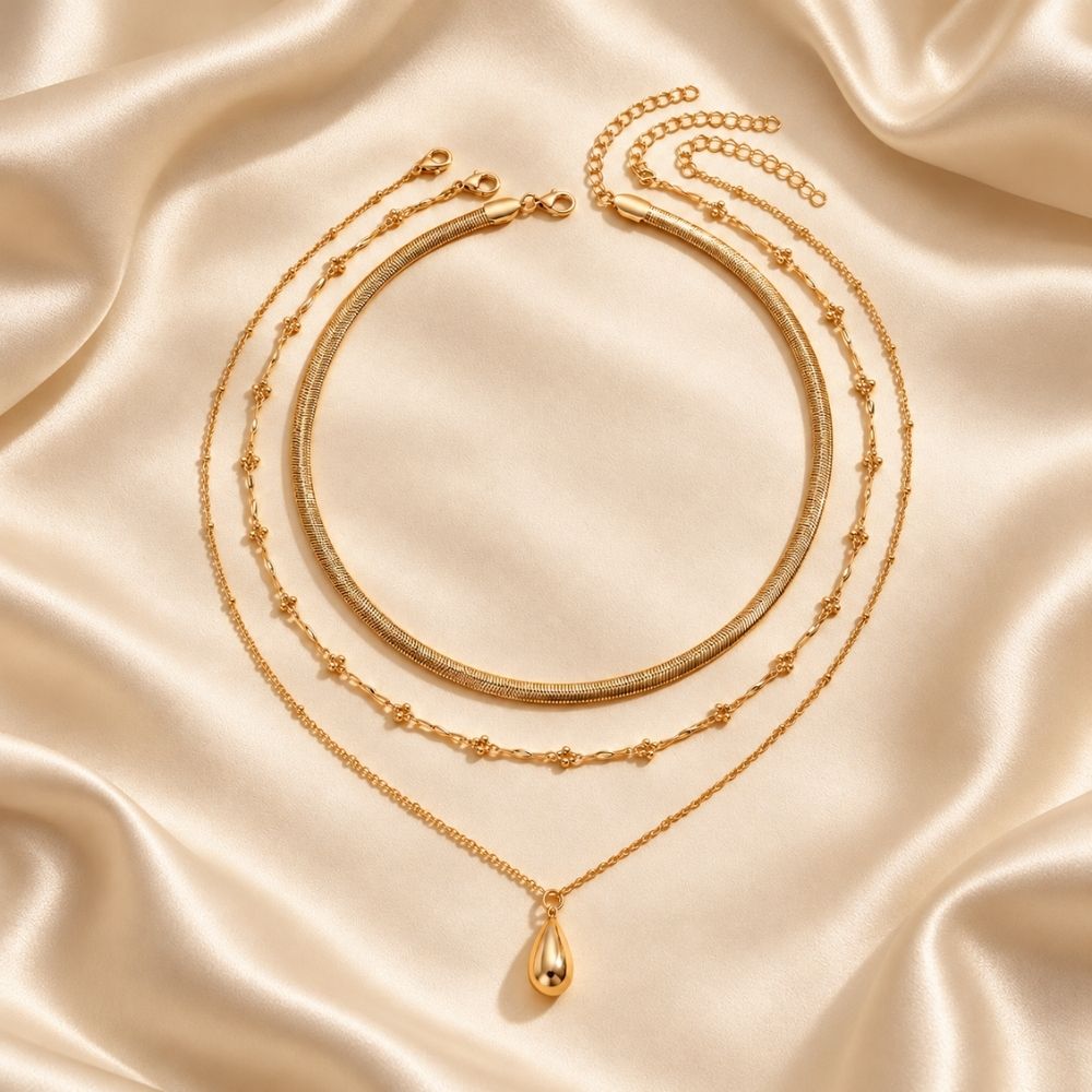 Teardrop Layered Gold Necklace Set