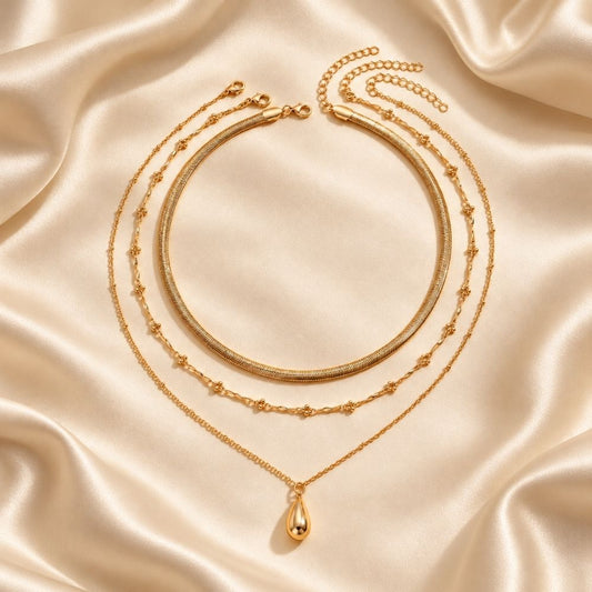 Teardrop Layered Gold Necklace Set
