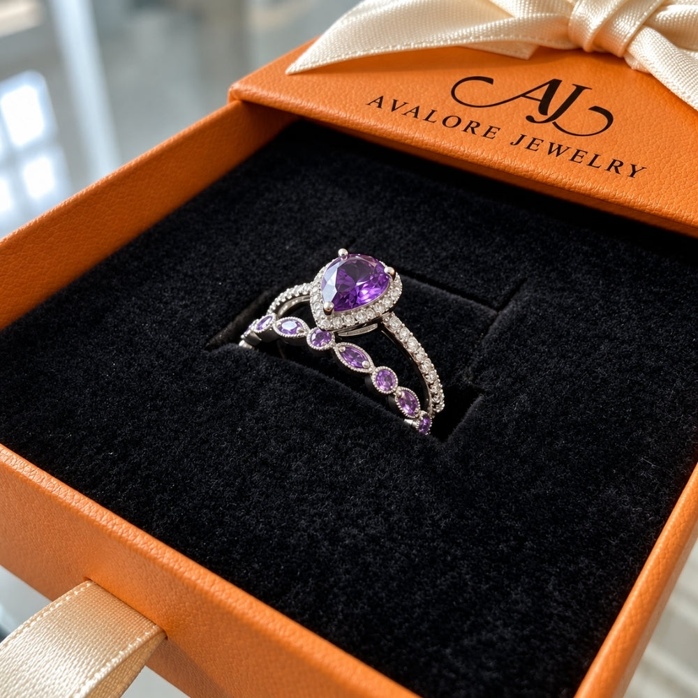 Teardrop Amethyst Rings Set