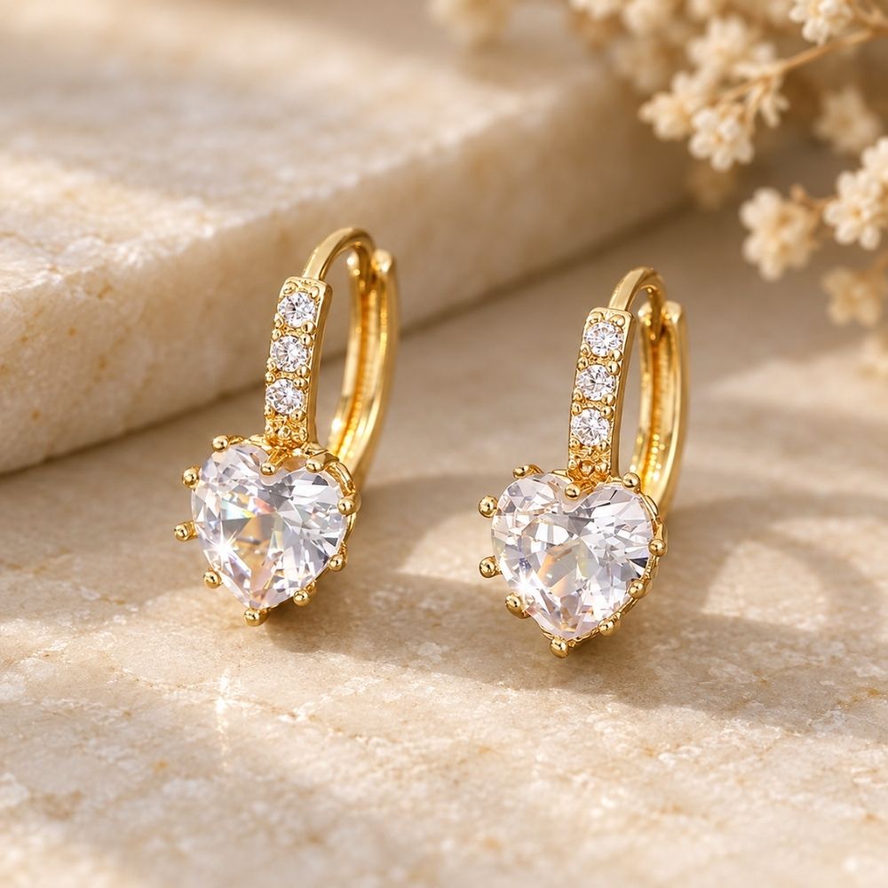 Crystal Heart Gold Earrings