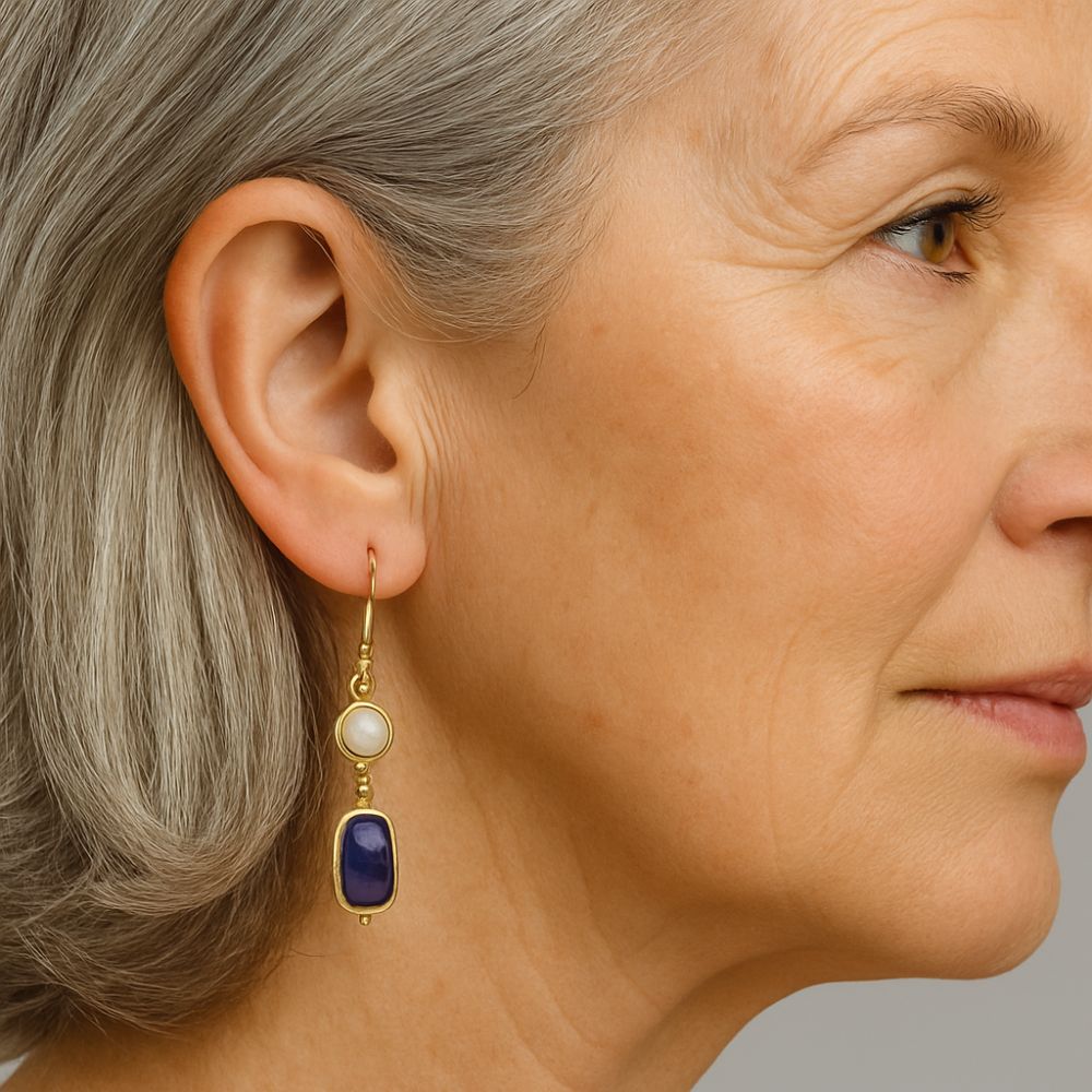 Vintage Blue Stone & Pearl Gold Earrings