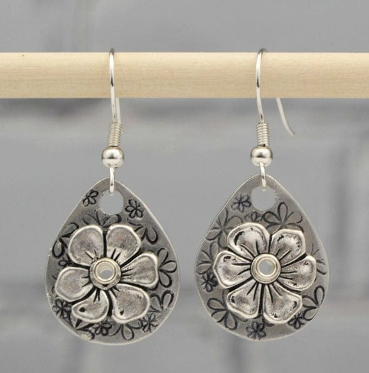 Vintage Flower Drop Silver Earrings