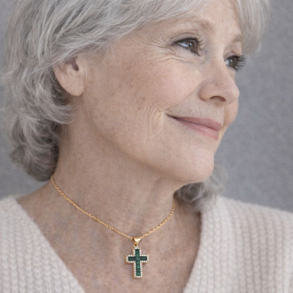 Solene Emerald Cross Pendant Gold Necklace